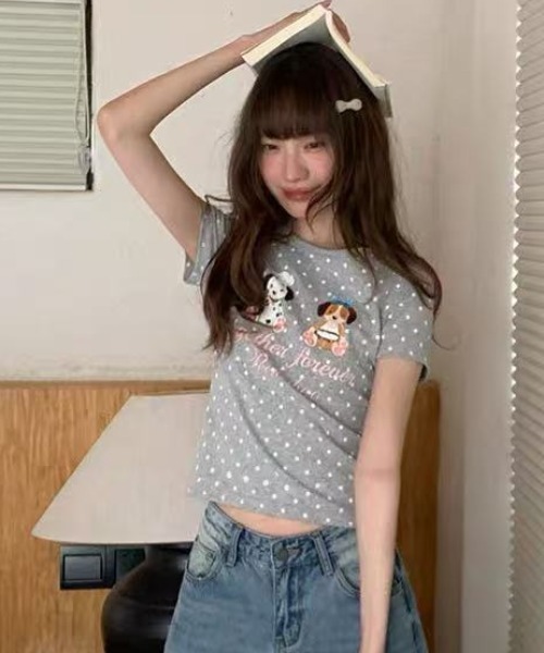 Achic(アシック)の「ドット柄ドッグプリント半袖Tシャツ(Tシャツ/カットソー・レディース・アイボリー/グレー・M)」の22枚目の写真