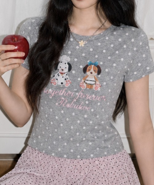 Achic(アシック)の「ドット柄ドッグプリント半袖Tシャツ(Tシャツ/カットソー・レディース・アイボリー/グレー・M)」の19枚目の写真