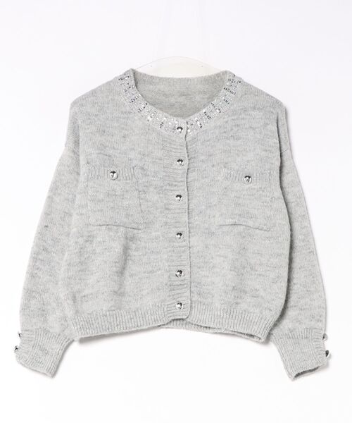 Ritzy(リッツィー)の「ビジュー付き クルーネッククロップドニットカーディガン(カーディガン/ボレロ・レディース・グレー・FREE)」の2枚目の写真