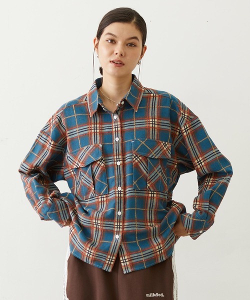 MILKFED.（ミルクフェド）の「LOGO PLAID SHIRT（シャツ/ブラウス・レディース・ブルー/ブラック/ブラウン・S/M）」の3枚目の写真