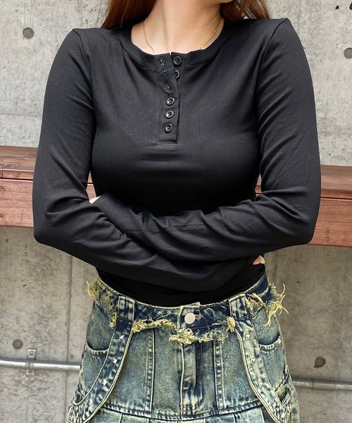 ROGER AND RAW(ロジャーアンドロウ)の「ヘンリーネック テレコロングスリーブTシャツ(Tシャツ/カットソー・レディース・ブラック/ブラウン/グレー・FREE)」の12枚目の写真