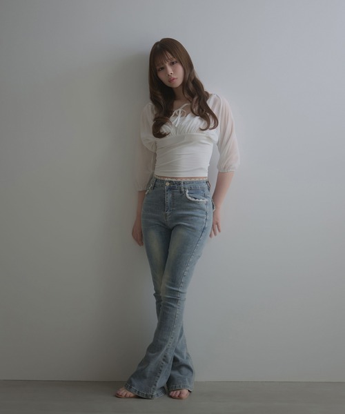 M DOLLY(エムドリー)の「Lulea gather ribbon sheer blouse / ルレアギャザーリボンシアーブラウス(シャツ/ブラウス・レディース・ブラック/ホワイト・FREE)」の6枚目の写真