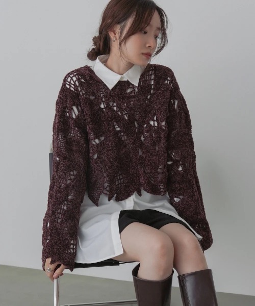 Bab(バブ)の「モールヤーンクロシェショートトップス(Tシャツ/カットソー・レディース・ブラウン/アイボリー・FREE)」の6枚目の写真