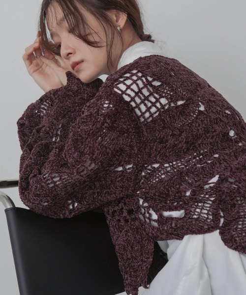Bab(バブ)の「モールヤーンクロシェショートトップス(Tシャツ/カットソー・レディース・ブラウン/アイボリー・FREE)」の9枚目の写真