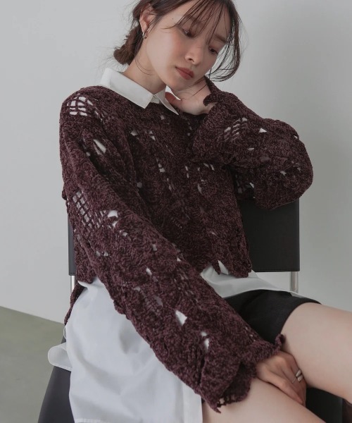Bab(バブ)の「モールヤーンクロシェショートトップス(Tシャツ/カットソー・レディース・ブラウン/アイボリー・FREE)」の10枚目の写真