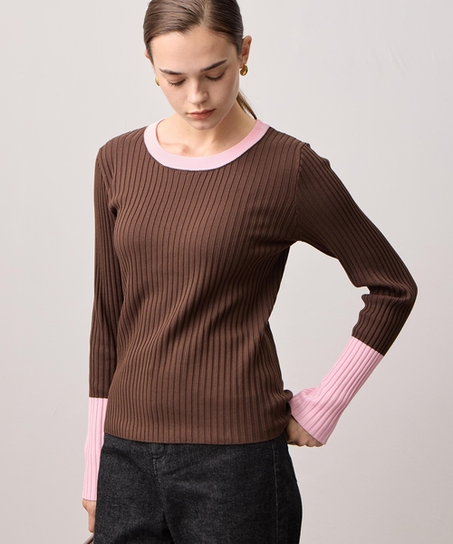 LE SOUK HOLIDAY(ルスークホリデー)の「【WEB限定】ワイドリブ配色トリムニットプルオーバー(ニット/セーター・レディース・ライトグレー/アイボリー/ブラウン・M/L)」の3枚目の写真