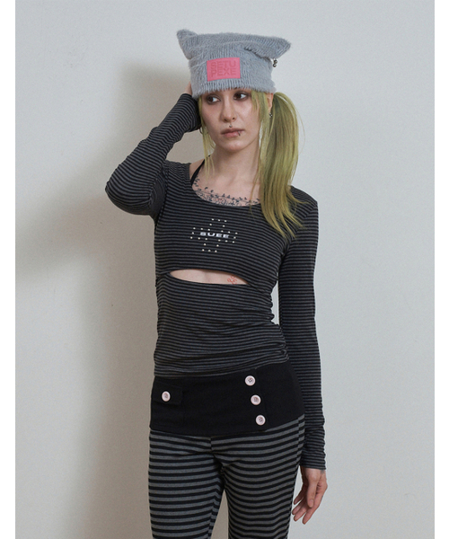 SETUP-EXE(セットアップイーエックスイー)の「STRIPED U-NECK SLIT TEE / ブラック(Tシャツ/カットソー・レディース・その他・OS)」の1枚目の写真