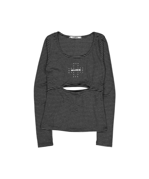 SETUP-EXE(セットアップイーエックスイー)の「STRIPED U-NECK SLIT TEE / ブラック(Tシャツ/カットソー・レディース・その他・OS)」の5枚目の写真