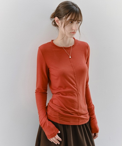 tageechita(タジチタ)の「【tageechita】フリルネック カシミヤ混シアーカットソー(Tシャツ/カットソー・レディース・レッド/ブラウン・L/M/S)」の2枚目の写真