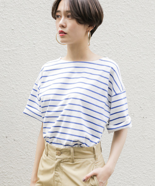LOWRYS FARM(ローリーズファーム)の「ボーダーBIGプルオーバー 796183(Tシャツ/カットソー・レディース・ホワイト/レッド/ブルー/ピンク/ネイビー/ベージュ/ピンク系その他・MEDIUM/LARGE)」の4枚目の写真