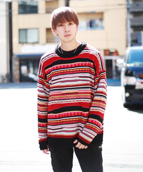 セール】ルーズサイズ 多色柄 古着風ジャガードクルーネック