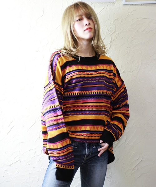 セール】ルーズサイズ 多色柄 古着風ジャガードクルーネック