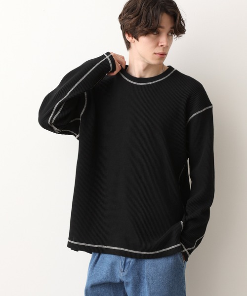 JUNRED（ジュンレッド）の「【ビッグシルエット】ステッチ配色ビックワッフルカットソー（Tシャツ/カットソー・メンズ・ホワイト/ブラック・M/L）」の2枚目の写真