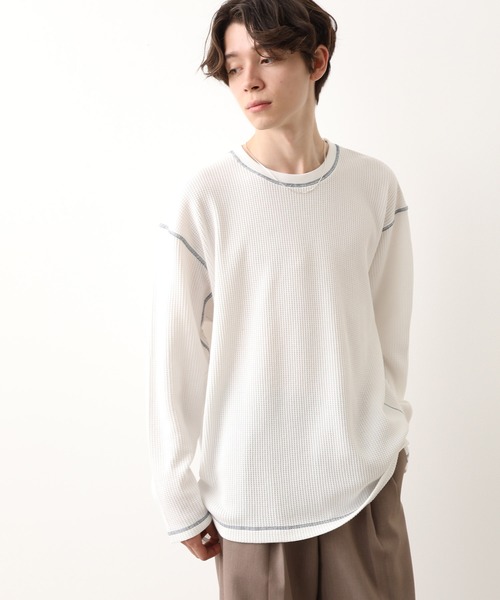 JUNRED（ジュンレッド）の「【ビッグシルエット】ステッチ配色ビックワッフルカットソー（Tシャツ/カットソー・メンズ・ホワイト/ブラック・M/L）」の3枚目の写真