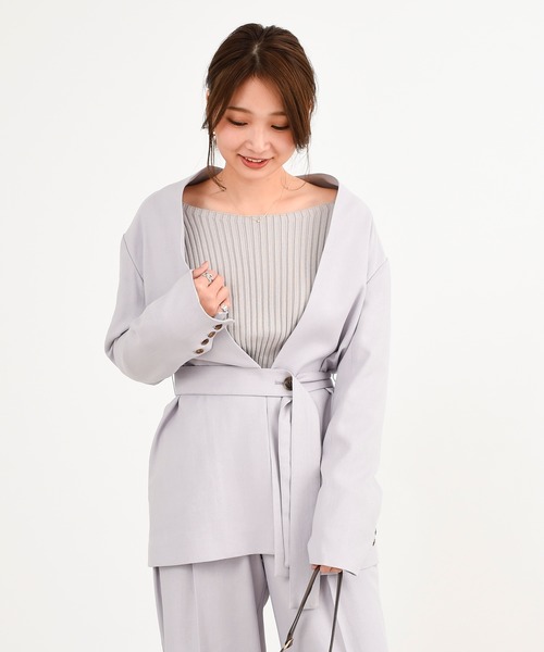 DouDou(ドゥドゥ)の「セットアップリネンツイルVジャケット(ノーカラージャケット・レディース・モカ/ラベンダー・FREE)」の9枚目の写真