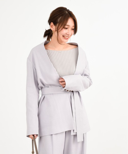 DouDou(ドゥドゥ)の「セットアップリネンツイルVジャケット(ノーカラージャケット・レディース・モカ/ラベンダー・FREE)」の14枚目の写真