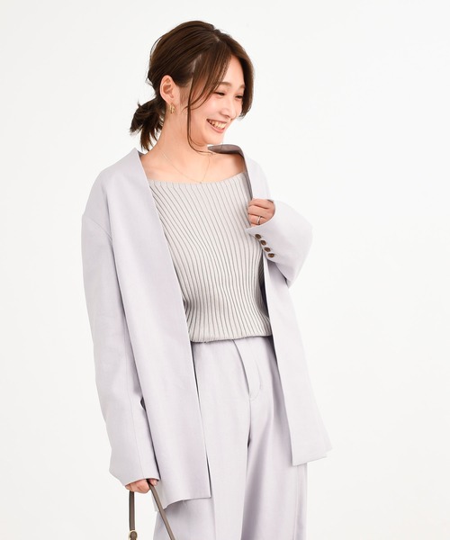 DouDou(ドゥドゥ)の「セットアップリネンツイルVジャケット(ノーカラージャケット・レディース・モカ/ラベンダー・FREE)」の15枚目の写真