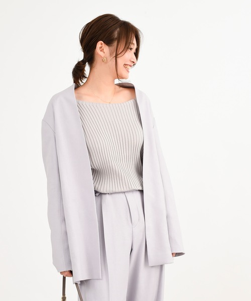 DouDou(ドゥドゥ)の「セットアップリネンツイルVジャケット(ノーカラージャケット・レディース・モカ/ラベンダー・FREE)」の6枚目の写真