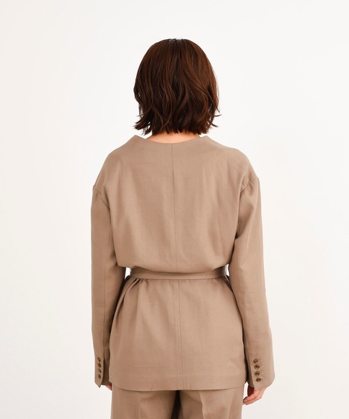 DouDou(ドゥドゥ)の「セットアップリネンツイルVジャケット(ノーカラージャケット・レディース・モカ/ラベンダー・FREE)」の12枚目の写真