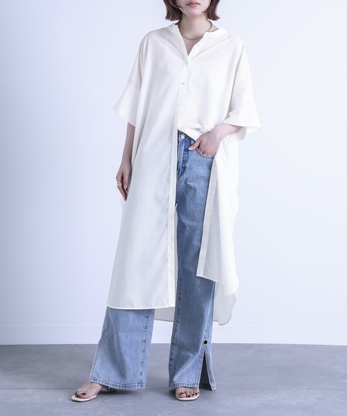 『バンドカラー半袖シャツワンピース』（シャツワンピース）｜n'OrLABEL（ノアールレーベル）