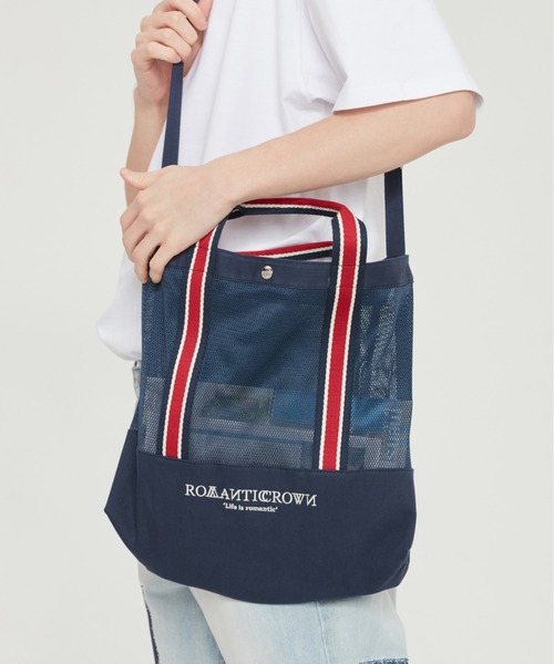 ROMANTIC CROWN（ロマンティッククラウン）の「【ROMANTIC CROWN】MESH BUCKET BAG / ロマンティッククラウン メッシュ バケット バッグ（ショルダーバッグ・メンズ・ネイビー/オートミール・FREE）」の2枚目の写真