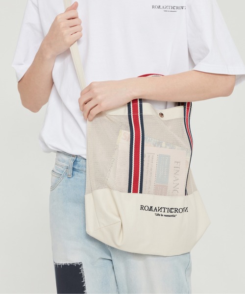 ROMANTIC CROWN（ロマンティッククラウン）の「【ROMANTIC CROWN】MESH BUCKET BAG / ロマンティッククラウン メッシュ バケット バッグ（ショルダーバッグ・メンズ・ネイビー/オートミール・FREE）」の4枚目の写真