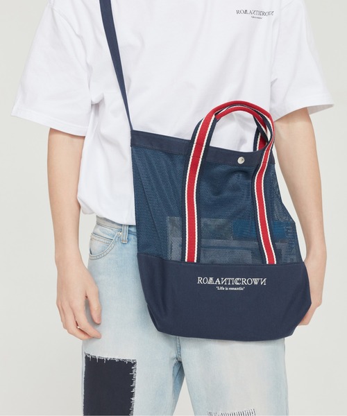 ROMANTIC CROWN（ロマンティッククラウン）の「【ROMANTIC CROWN】MESH BUCKET BAG / ロマンティッククラウン メッシュ バケット バッグ（ショルダーバッグ・メンズ・ネイビー/オートミール・FREE）」の14枚目の写真