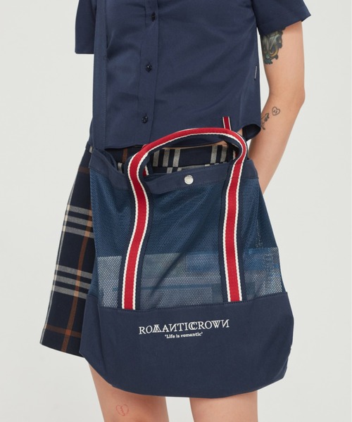 ROMANTIC CROWN（ロマンティッククラウン）の「【ROMANTIC CROWN】MESH BUCKET BAG / ロマンティッククラウン メッシュ バケット バッグ（ショルダーバッグ・メンズ・ネイビー/オートミール・FREE）」の16枚目の写真