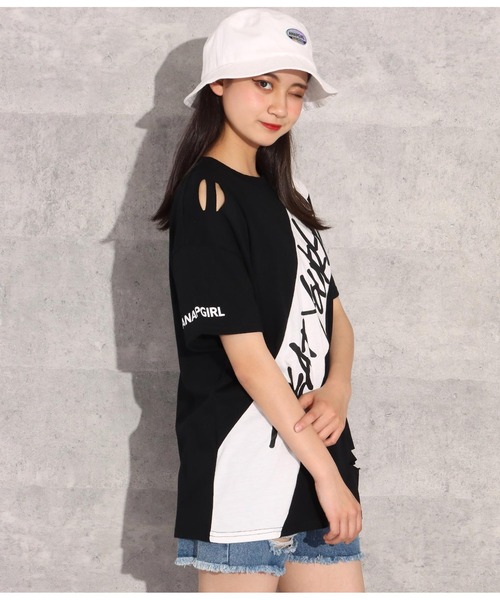 ANAP GｉRL（アナップガール）の「ダメージビッグTシャツ（Tシャツ/カットソー・キッズ・ベージュ/ホワイト/ブラック・M/S）」の6枚目の写真