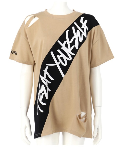 ANAP GｉRL（アナップガール）の「ダメージビッグTシャツ（Tシャツ/カットソー・キッズ・ベージュ/ホワイト/ブラック・M/S）」の13枚目の写真