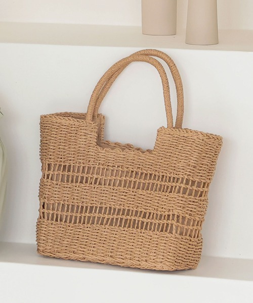 KOBE LETTUCE（コウベレタス）の「デザイン編みスクエアかごトートバッグ（トートバッグ・レディース・ベージュ/グレー/オレンジ・FREE）」の3枚目の写真