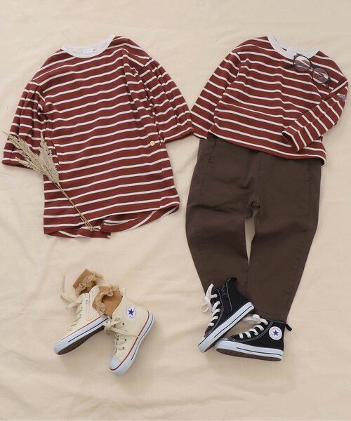 apres les cours（アプレレクール）の「リラックスボーダーTシャツ（Tシャツ/カットソー・キッズ・ベージュ/ブラウン/サックスブルー/ラベンダー・90/100/110/120/80/130/140）」の6枚目の写真