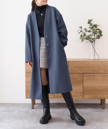 Vネック バックスリット ノーカラーコート ロングコート