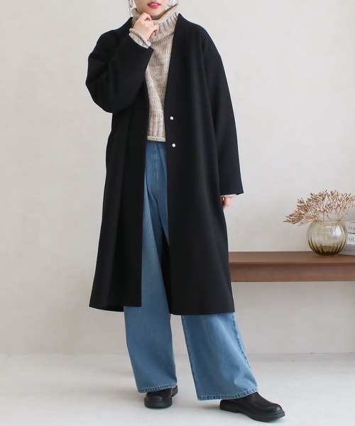 Social GIRL（ソーシャルガール）の「Vネック バックスリット ノーカラーコート ロングコート（ノーカラーコート・レディース・ブラック/サックスブルー/アイボリー/モカ/スモークピンク/ライトグレー/グレイッシュベージュ/ピンクベージュ・LL/S/M/L/3L）」の2枚目の写真
