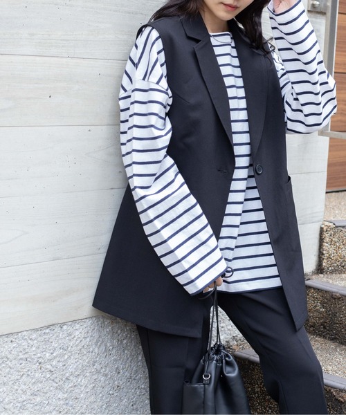 WEGO(ウィゴー)の「WEGO/バスクボーダーBIGロンT(Tシャツ/カットソー・メンズ・ホワイト/ホワイト系その他・MEDIUM/LARGE)」の11枚目の写真