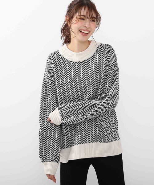DRESKIP（ドレスキップ）の「◆ヘリンボーンジャカードニット（ニット/セーター・レディース・サンドベージュ/ブラック/オフホワイト・03/02/04）」の2枚目の写真