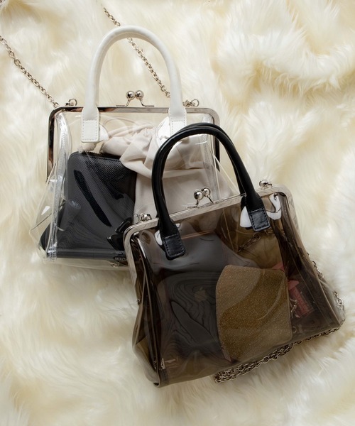 WEGO(ウィゴー)の「WEGO/PUハンドルガマ口クリアバッグ(ショルダーバッグ・レディース・ホワイト系その他/ブラック・FREE)」の3枚目の写真