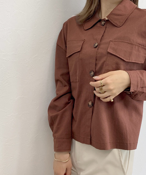 ISOOK（アイスー）の「Linen blend shirt jacket / リネンブレンドシャツジャケット（テーラードジャケット・レディース・ブラウン・FREE）」の4枚目の写真