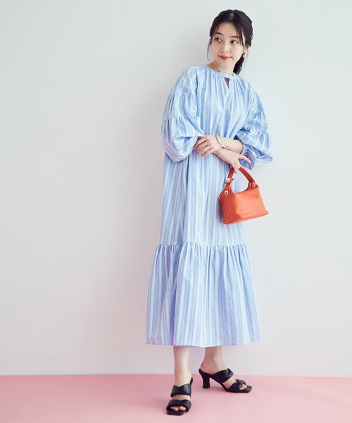【前後2WAY】袖ボリュームマルチストライプワンピース