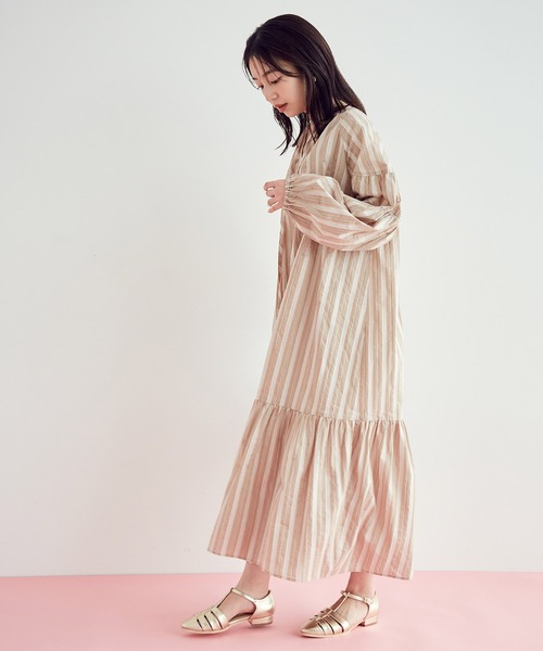 【前後2WAY】袖ボリュームマルチストライプワンピース