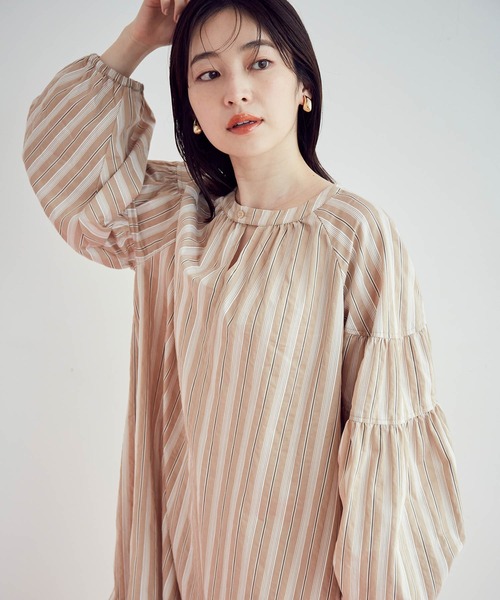 【前後2WAY】袖ボリュームマルチストライプワンピース