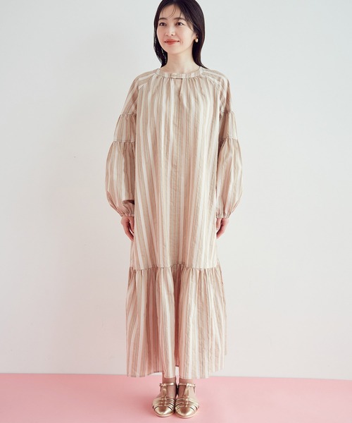 【前後2WAY】袖ボリュームマルチストライプワンピース
