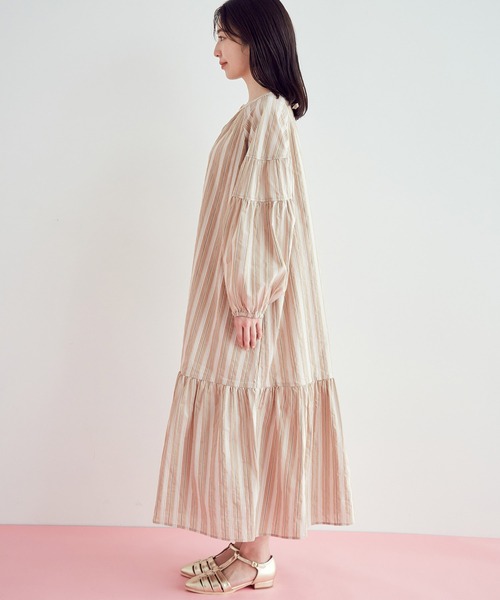 【前後2WAY】袖ボリュームマルチストライプワンピース