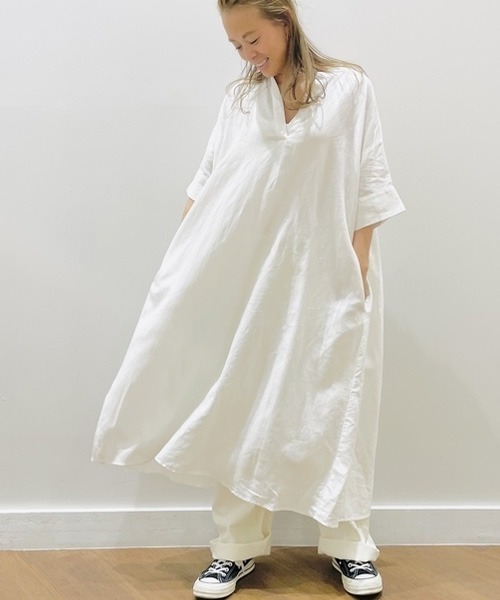 GAP（ギャップ）の「FREE&FLOW リネン ポップオーバー ワンピース（ワンピース・レディース・ブラック/ベージュ/ホワイト・XXS/XS/S/L/M）」の2枚目の写真