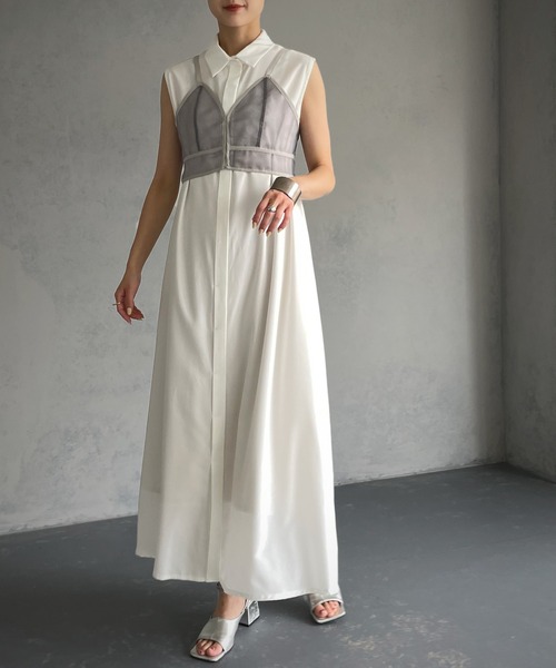 &g'aime(アンジェム)の「【&g’aime】シアービスチェ付きシャツワンピース/2piece(ワンピース・レディース・ホワイト/ブラック・FREE)」の4枚目の写真