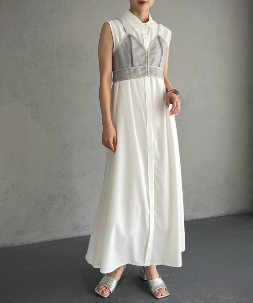&g'aime(アンジェム)の「【&g’aime】シアービスチェ付きシャツワンピース/2piece(ワンピース・レディース・ホワイト/ブラック・FREE)」の5枚目の写真