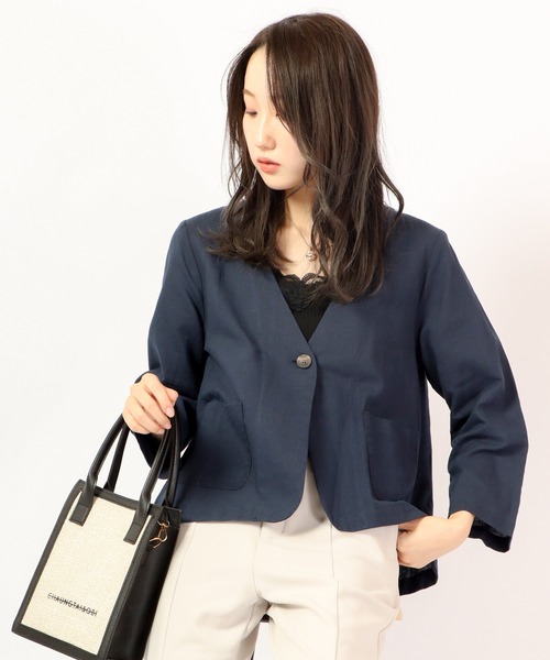 A.N.L（エーエヌエル　レーベル）の「A.N.L 麻１００％　ノーカラーブルゾン　ジャケット（ノーカラージャケット・レディース・チャコールグレー/ベージュ/ネイビー・38）」の3枚目の写真