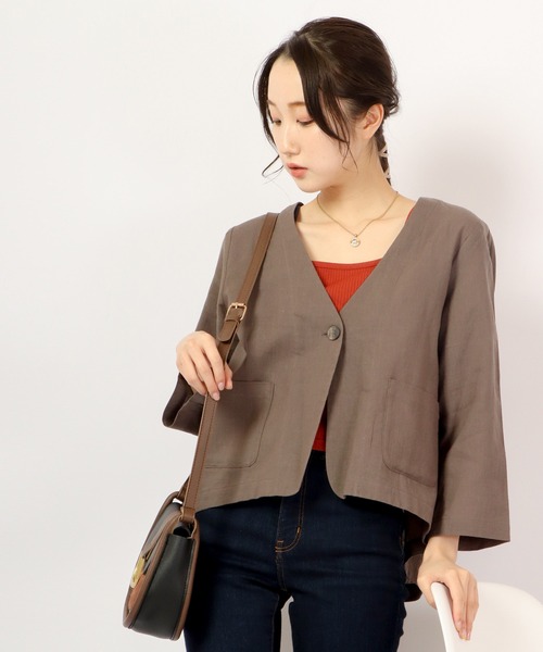 A.N.L（エーエヌエル　レーベル）の「A.N.L 麻１００％　ノーカラーブルゾン　ジャケット（ノーカラージャケット・レディース・チャコールグレー/ベージュ/ネイビー・38）」の2枚目の写真