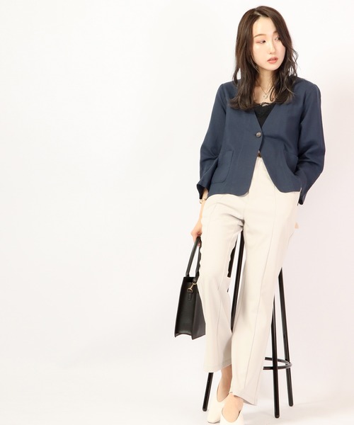 A.N.L（エーエヌエル　レーベル）の「A.N.L 麻１００％　ノーカラーブルゾン　ジャケット（ノーカラージャケット・レディース・チャコールグレー/ベージュ/ネイビー・38）」の5枚目の写真