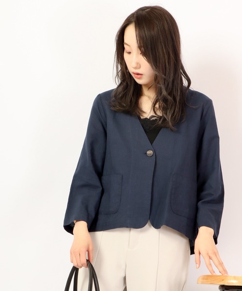 A.N.L（エーエヌエル　レーベル）の「A.N.L 麻１００％　ノーカラーブルゾン　ジャケット（ノーカラージャケット・レディース・チャコールグレー/ベージュ/ネイビー・38）」の9枚目の写真